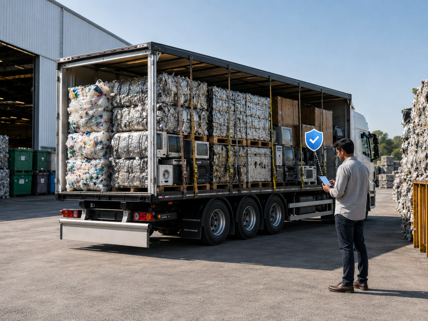 A loaded trailer of baled recyclables being checked off on a tablet before dispatch